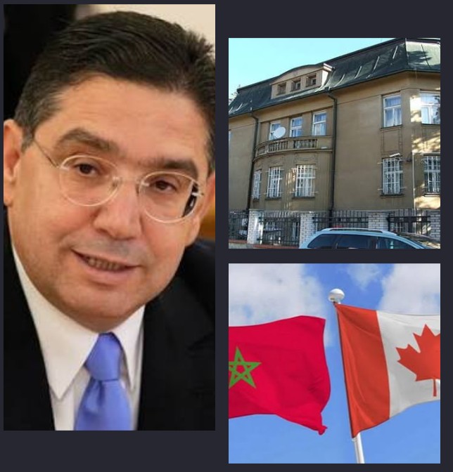 Collage: man in suit on the left; beige residential building on the top right; Morocco and Canada flags on the bottom right.