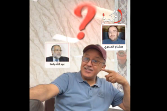 Man in a blue polo and cap posing with a finger to his head while a large red question mark looms behind him; two inset photos with Arabic captions on the wall.