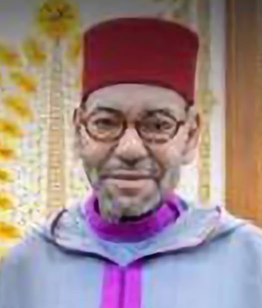 Portrait of a smiling man wearing a red fez and purple robe, with round glasses, indoors.